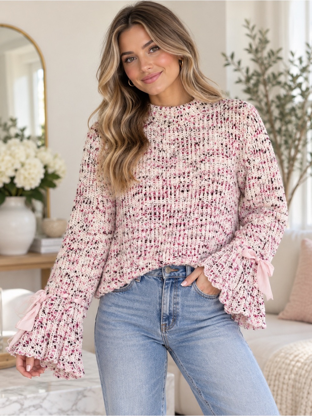 Cupio Confetti Chenille Slit Flare Sleeve Tie Accent Sweater Size Medium